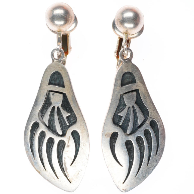 Harvey Quanimptewa Jr. Hopi overlay long dangle bear paw clip earrings