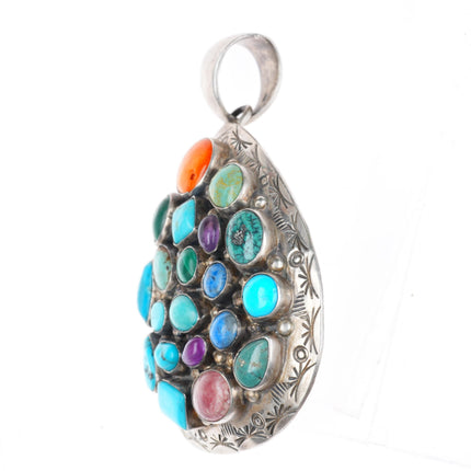 Vintage Benally Navajo sterling silver turquoise-malachite stone cluster pendant