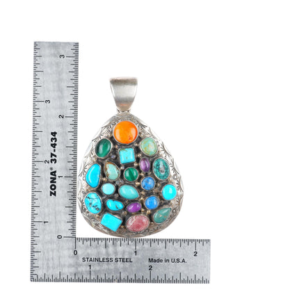 Vintage Benally Navajo sterling silver turquoise-malachite stone cluster pendant