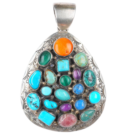 Vintage Benally Navajo sterling silver turquoise-malachite stone cluster pendant
