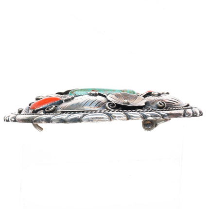 1.75" Clarence Lee Navajo sterling silver turquoise and coral belt buckle