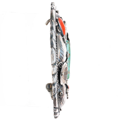 1.75" Clarence Lee Navajo sterling silver turquoise and coral belt buckle