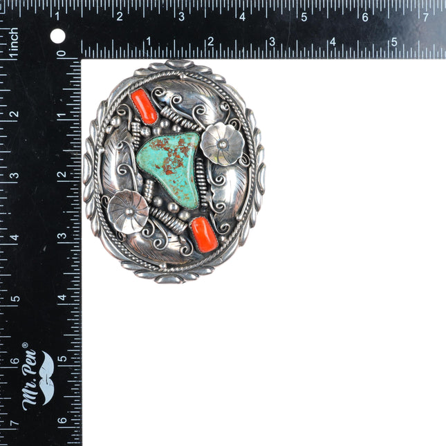 1.75" Clarence Lee Navajo sterling silver turquoise and coral belt buckle