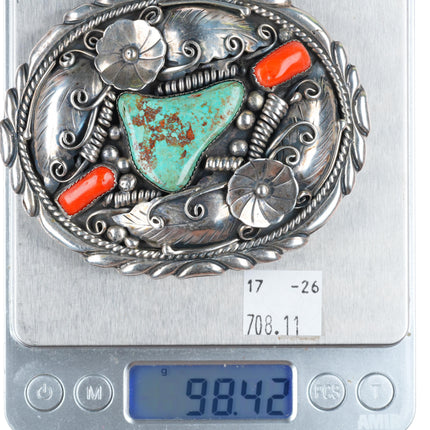 1.75" Clarence Lee Navajo sterling silver turquoise and coral belt buckle
