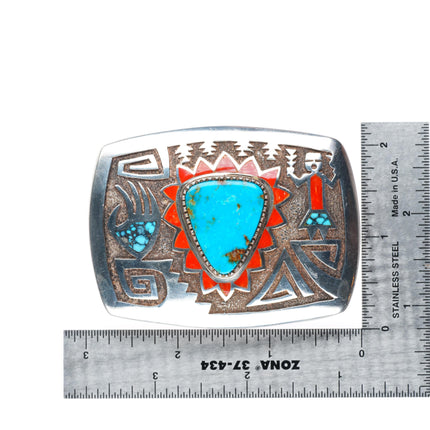 1.25" Michael Perry Navajo sterling silver turquoise and coral inlay belt buckle