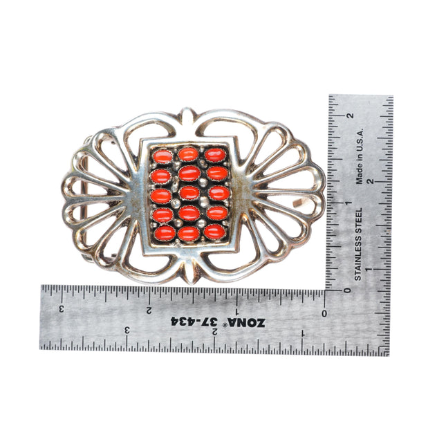 1.25" vintage Navajo sterling silver coral cluster cast belt buckle