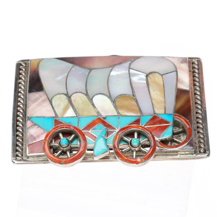 1.5" Helen & Lincoln Zunie sterling silver inlaid Conestoga Wagon belt buckle