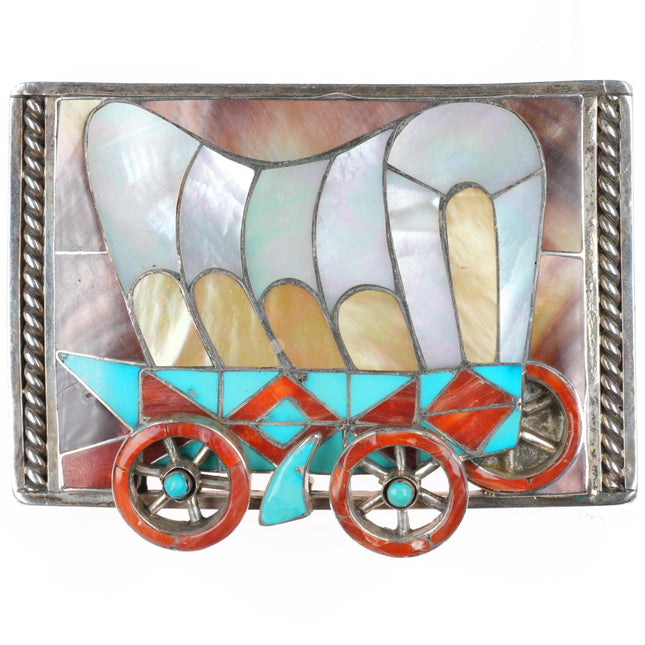 1.5" Helen & Lincoln Zunie sterling silver inlaid Conestoga Wagon belt buckle