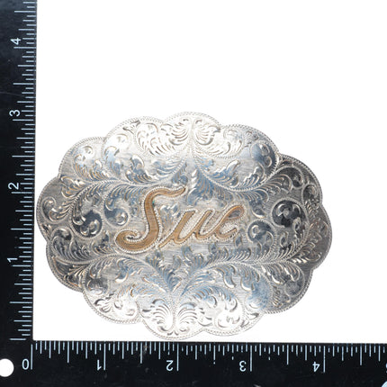 1.75" hand engraved sterling silver custom Sue Monogram Eddie Harris belt buckle
