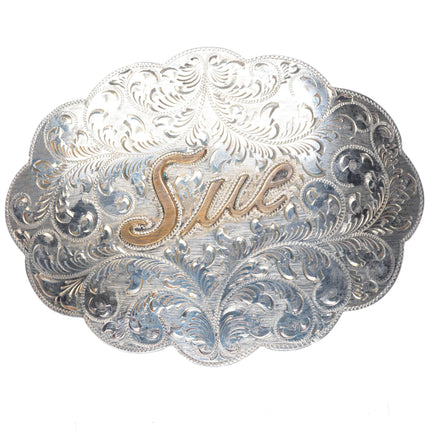 1.75" hand engraved sterling silver custom Sue Monogram Eddie Harris belt buckle