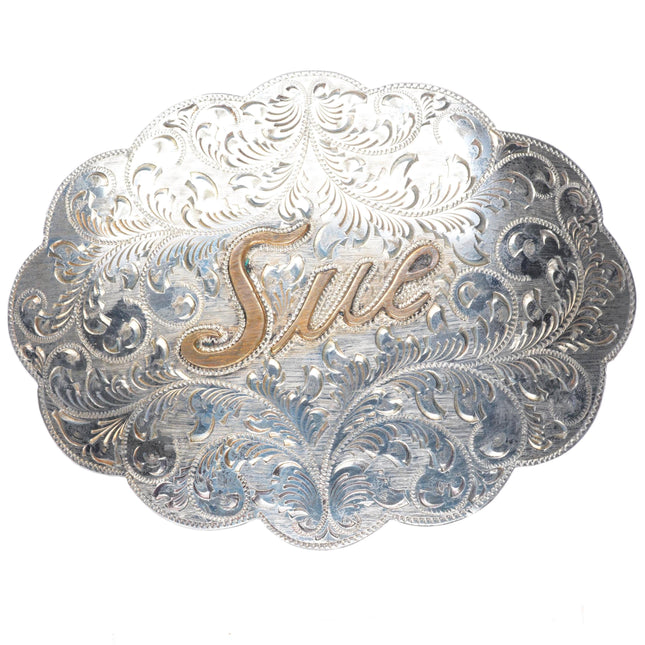 1.75" hand engraved sterling silver custom Sue Monogram Eddie Harris belt buckle
