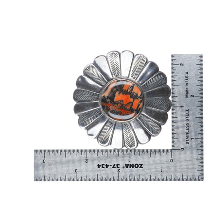 c1940-50's Navajo big sterling silver petrified wood feather stamped pin/brooch