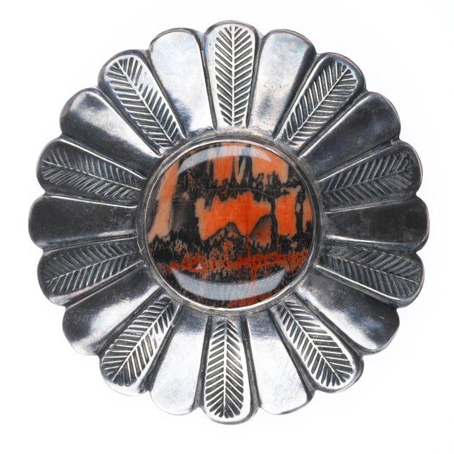 c1940-50's Navajo big sterling silver petrified wood feather stamped pin/brooch