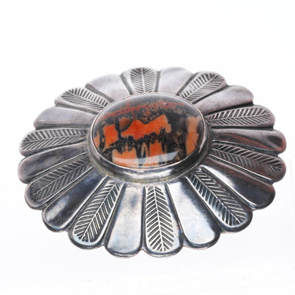 c1940-50's Navajo big sterling silver petrified wood feather stamped pin/brooch