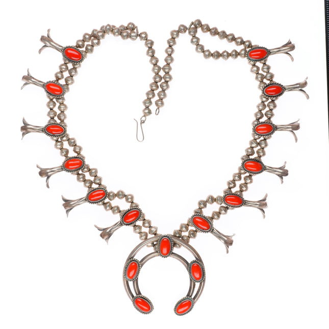 Vintage Navajo sterling silver Mediterranean coral squash blossom necklace