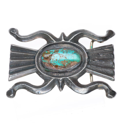1.5" Heavy vintage Navajo sterling silver Tufa cast belt buckle w/turquoise