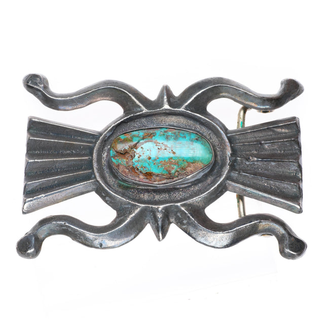 1.5" Heavy vintage Navajo sterling silver Tufa cast belt buckle w/turquoise