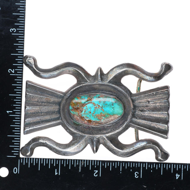 1.5" Heavy vintage Navajo sterling silver Tufa cast belt buckle w/turquoise