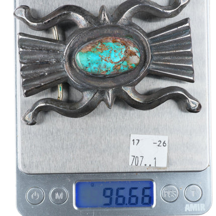 1.5" Heavy vintage Navajo sterling silver Tufa cast belt buckle w/turquoise