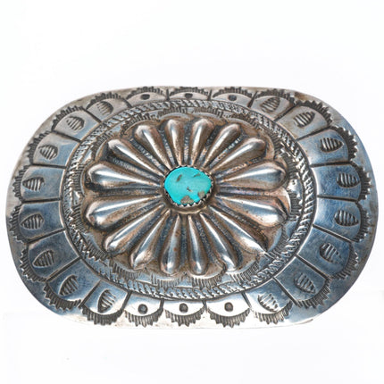 1.5" vintage Navajo sterling silver deep stamped repousse belt buckle turquoise