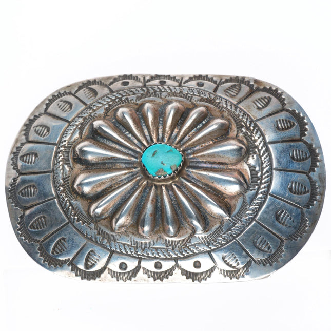1.5" vintage Navajo sterling silver deep stamped repousse belt buckle turquoise