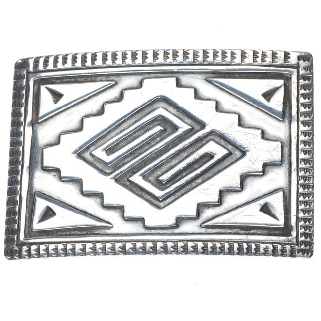 1.5" Vintage Navajo sterling silver deep stamped rug pattern belt buckle