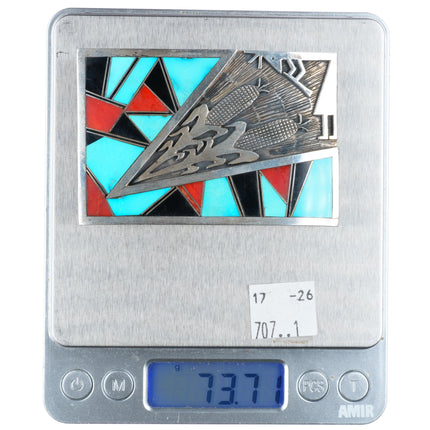 1.5" Robert Vandover Navajo sterling silver turquoise-coral inlay belt buckle