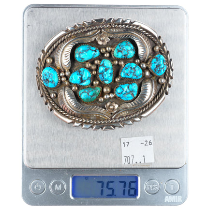 1.75" Vintage KE Navajo sterling silver turquoise feathers belt buckle