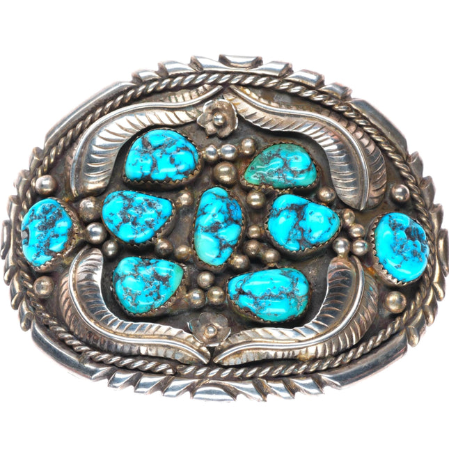 1.75" Vintage KE Navajo sterling silver turquoise feathers belt buckle