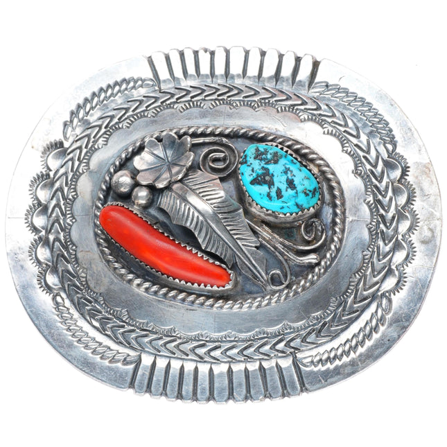 1.75" Vintage Navajo sterling silver turquoise and coral belt buckle