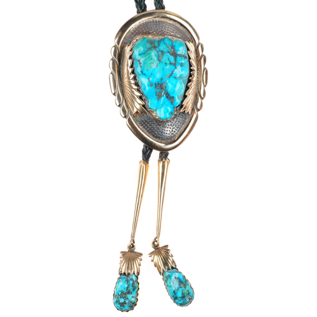 Robert & Bernice Leekya Zuni 14k yellow gold sterling silver turquoise bolo tie
