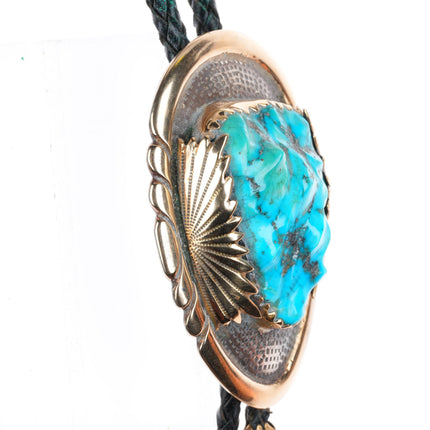 Robert & Bernice Leekya Zuni 14k yellow gold sterling silver turquoise bolo tie