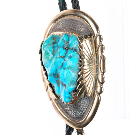 Robert & Bernice Leekya Zuni 14k yellow gold sterling silver turquoise bolo tie