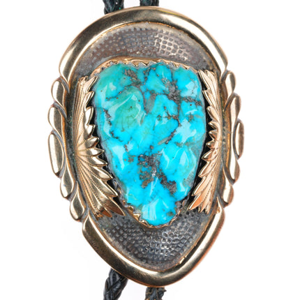 Robert & Bernice Leekya Zuni 14k yellow gold sterling silver turquoise bolo tie