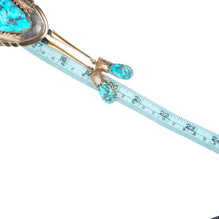 Robert & Bernice Leekya Zuni 14k yellow gold sterling silver turquoise bolo tie