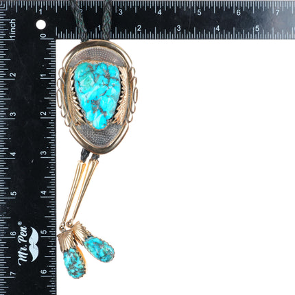 Robert & Bernice Leekya Zuni 14k yellow gold sterling silver turquoise bolo tie