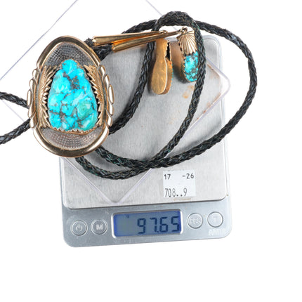 Robert & Bernice Leekya Zuni 14k yellow gold sterling silver turquoise bolo tie