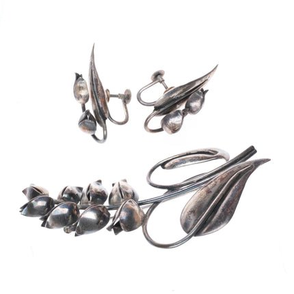 1940's Georg Jensen USA sterling silver Lily of the Valley brooch/pin/earrings