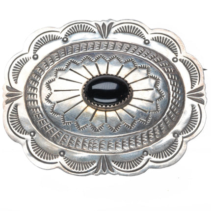 vintage Carson Blackgoat Navajo sterling silver deep stamped onyx pin/brooch