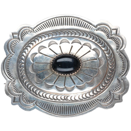 vintage Carson Blackgoat Navajo sterling silver deep stamped onyx brooch/pin