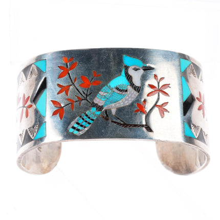 6.4" A.D. Banteah Zuni Bluebird stone/shell inlaid sterling silver cuff bracelet