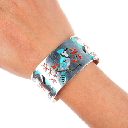 6.4" A.D. Banteah Zuni Bluebird stone/shell inlaid sterling silver cuff bracelet