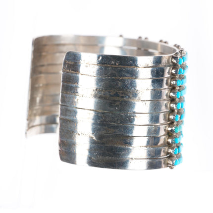6.2" Vintage Zuni sterling silver dot-dash turquoise 10 row cuff bracelet