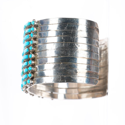 6.2" Vintage Zuni sterling silver dot-dash turquoise 10 row cuff bracelet