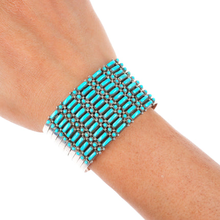 6.2" Vintage Zuni sterling silver dot-dash turquoise 10 row cuff bracelet