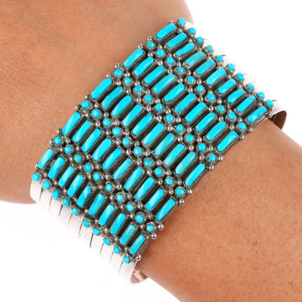 6.2" Vintage Zuni sterling silver dot-dash turquoise 10 row cuff bracelet