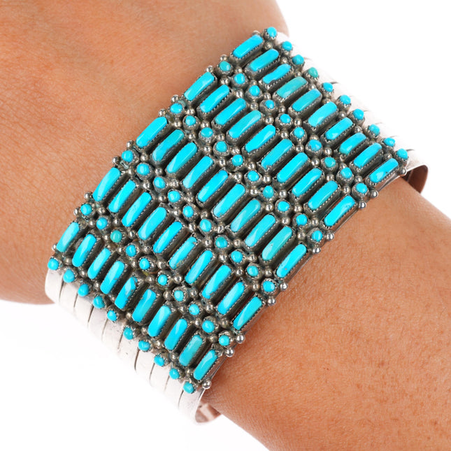 6.2" Vintage Zuni sterling silver dot-dash turquoise 10 row cuff bracelet