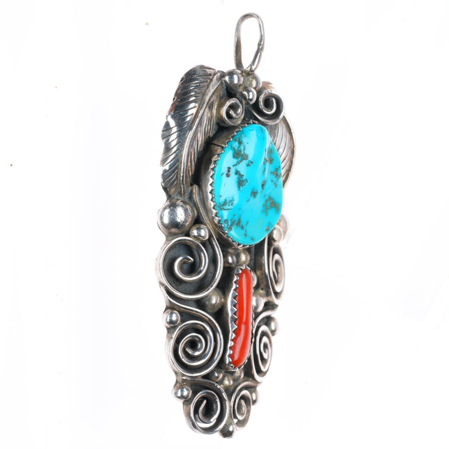 Vintage MNT Navajo sterling silver turquoise and coral large pendant