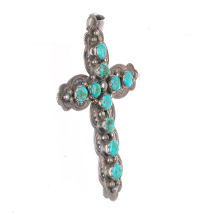 Sam Arviso Navajo sterling silver turquoise row deep stamped cross pendant