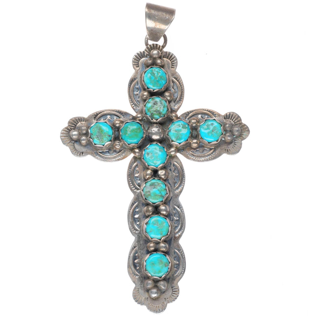 Sam Arviso Navajo sterling silver turquoise row deep stamped cross pendant
